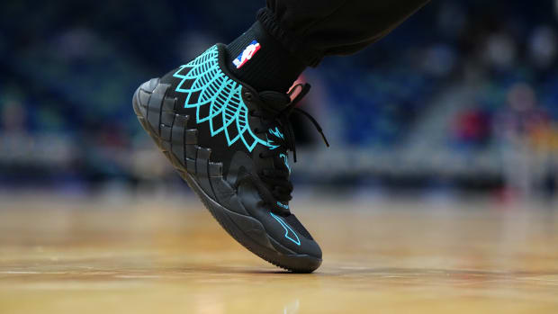 Charlotte Hornets point guard LaMelo Ball wears his signature sneaker - the Puma MB.01.